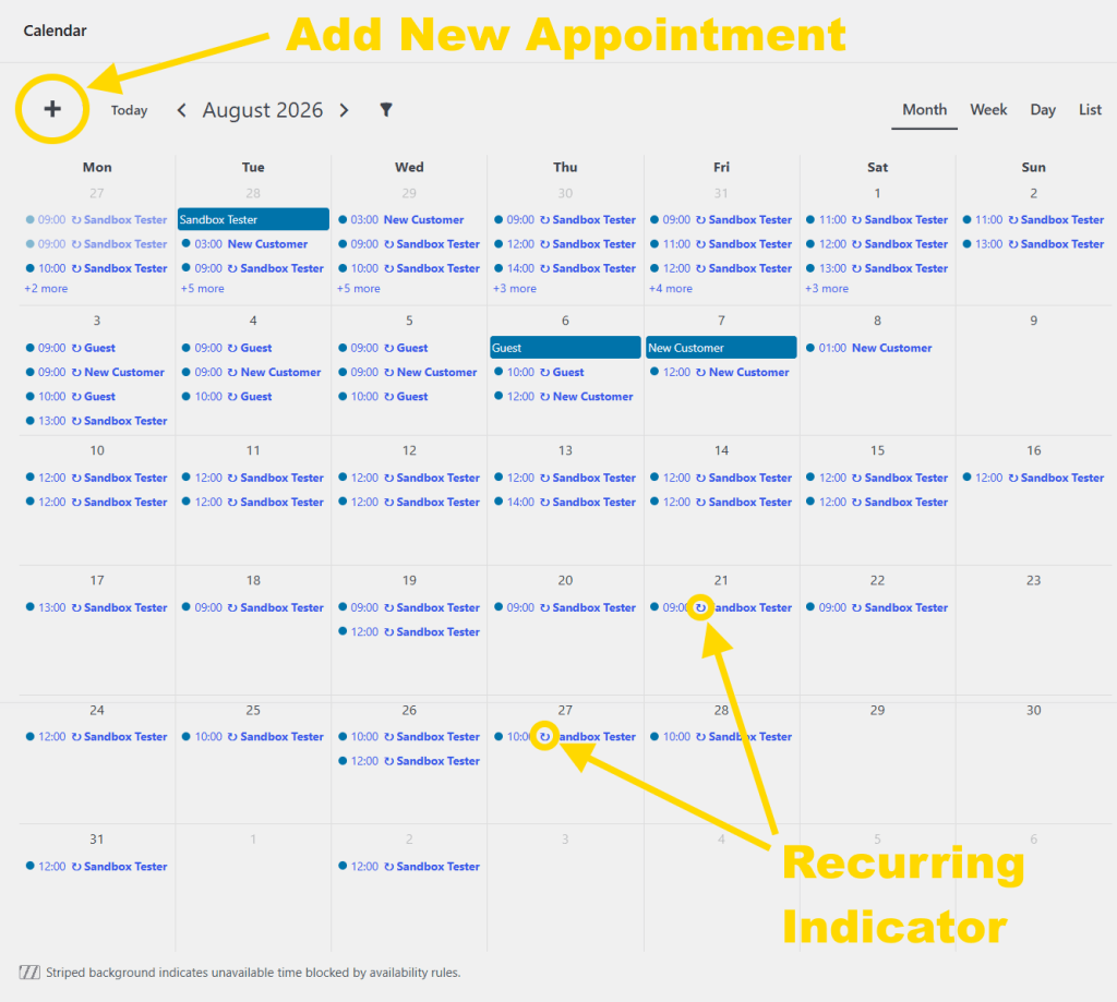 Admin calendar showing recurring appointment series
