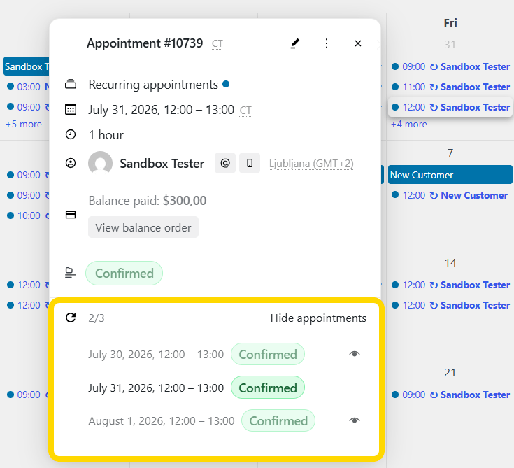Admin appointment panel beside calendar for a recurring series
