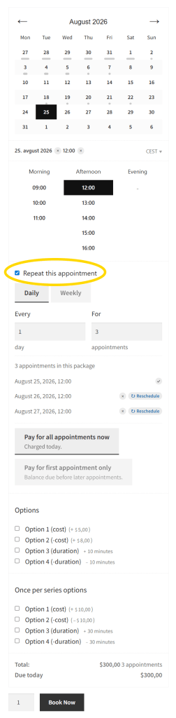 Repeat appointment in booking form