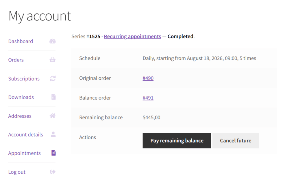 My Account recurring appointment series