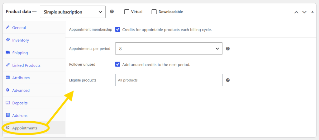 Appointments tab on a WooCommerce Subscriptions product